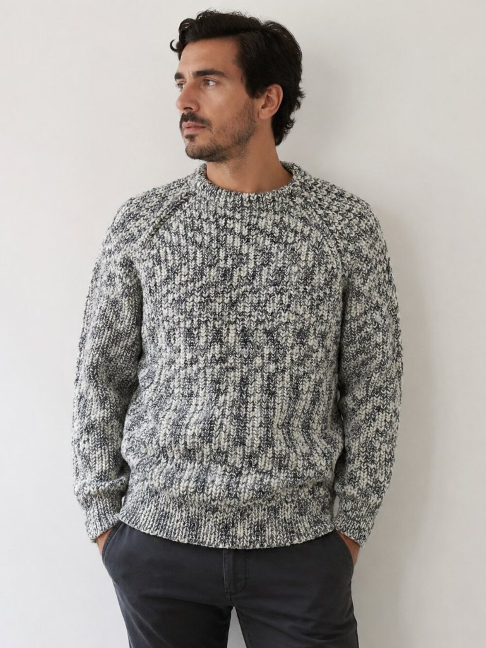 Vintage Steven J 100% Wool Marled Knit Sweater Gray White Made in UK M